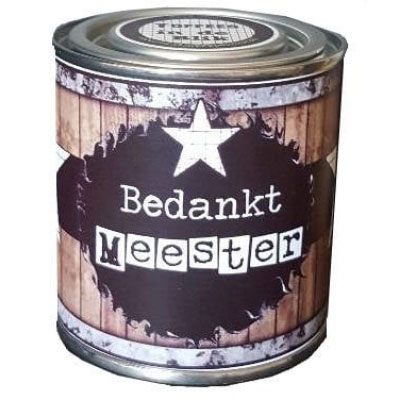 Feestelijk blikje bedankt meester witte ster bruin Feestelijk blikje bedankt meester witte ster bruin