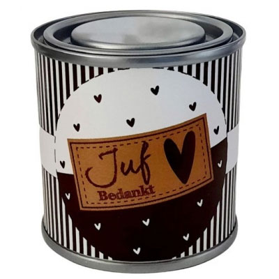 Feestelijk blikje bedankt juf zwart met bruin Feestelijk blikje bedankt juf zwart met bruin