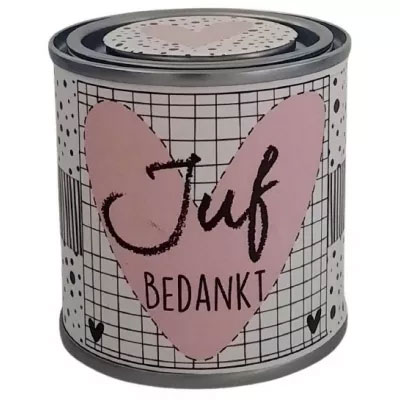 Feestelijk blikje juf bedankt roze hart Feestelijk blikje juf bedankt roze hart