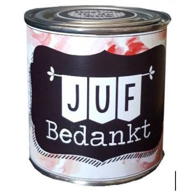 Feestelijk blikje juf bedankt zwart met bloemen Feestelijk blikje juf bedankt zwart met bloemen