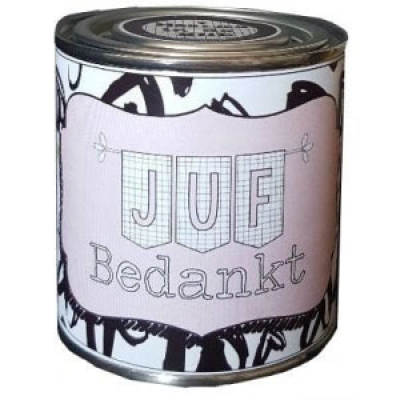 Feestelijk blikje juf bedankt lichtroze met zwart Feestelijk blikje juf bedankt lichtroze met zwart
