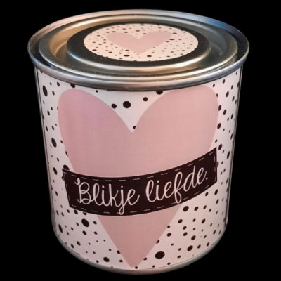 Blikje liefde blauw, mint en roze